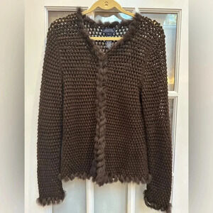 Jones New York Signature Brown Angora Rabbit Hair Wool Cardigan Sweater Size L